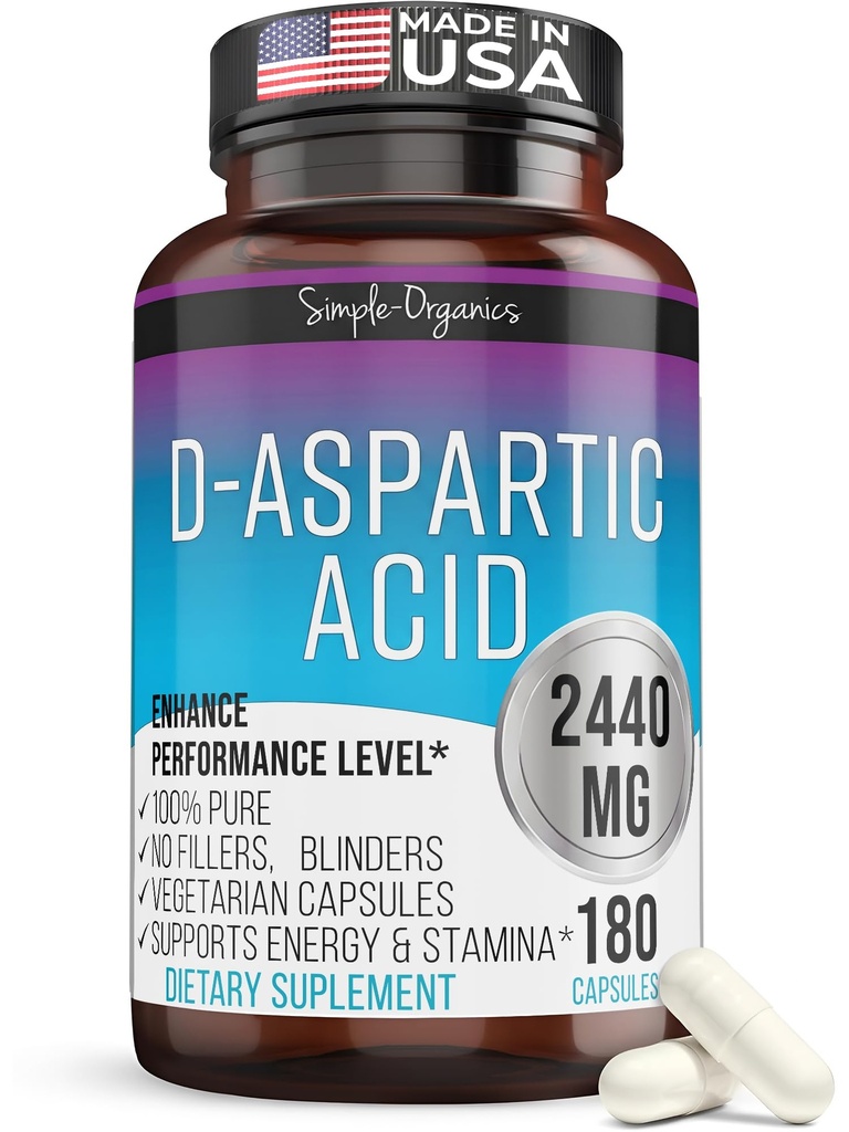 Kaibro Nutra D-Aspartic Acid Supplement for Men, 2440mg D-Aspartic Acid per Serving, Energy & Testosteron Support, Glutenvrije Non-GMO, 180 Vegan Capsules