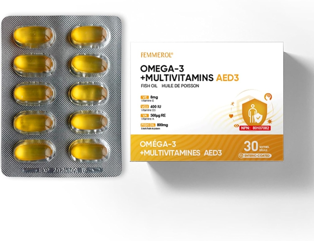 Multivitamines avec Oméga-3, Multivitamines pour les femmes et les hommes, Huile de poisson enrobée entérique DHA/EPA avec vitamine A, vitamine E et vitamine D3 pour le soutien de la fonction immunitaire (1 Box 30 Softgels)