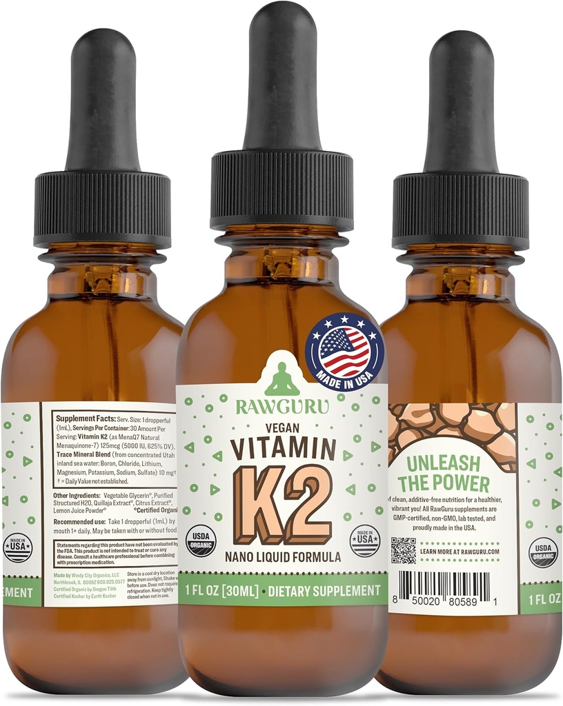RawGuru Vitamine K2 Supplement - Biologische Vegan Vitamin K2 MK7 met sporenmineralen - Nano-Processed Antioxidant & Immuun Support Supplement Tinctuur - 30 porties Vegan Drops per 30 ml, Verpakking van 1