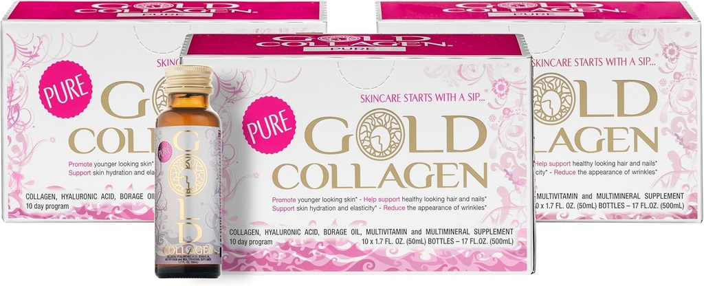 GOLD COLLAGEN Pure - Collageen Supplementen voor vrouwen en mannen met biotine voor haargroei, huid en nagel - Anti rimpel Immuun systeem Booster met Hyaluronzuur, vitamine C, B6 en zink, 3 Pack 10x50 ml