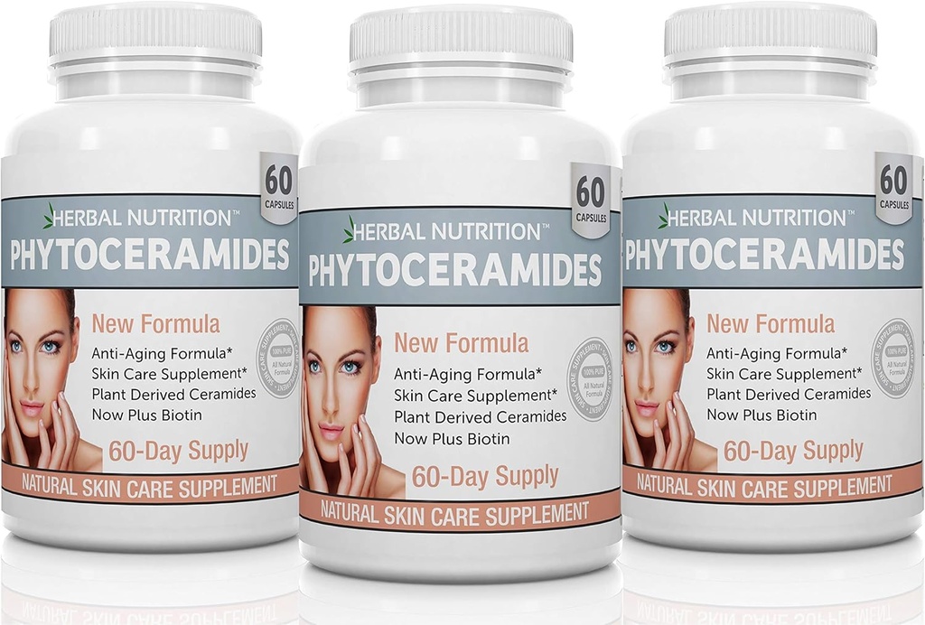 Herbal Nutrition Phytoceramides from Rice with Biotin Vitamin A, C, D and E, Three Bottle Pack, 180 Capsules 40mg