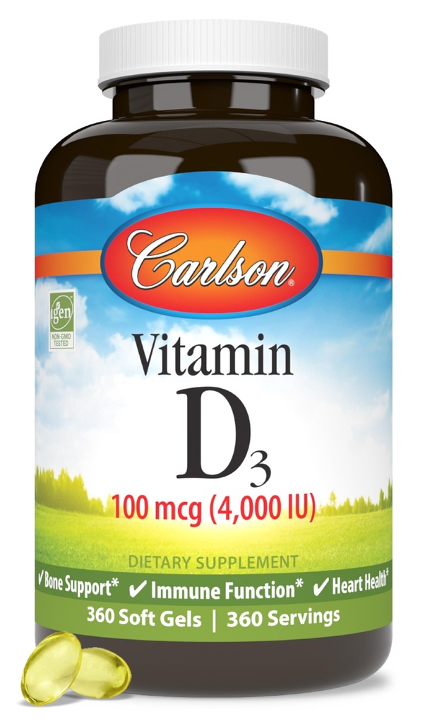 Carlson - Vitamine D3, 4000 UI (100 μg), Santé des os et immunitaire, Supplément Cholecalciferol, Capsules de vitamine D sans gluten, 360 Softgels