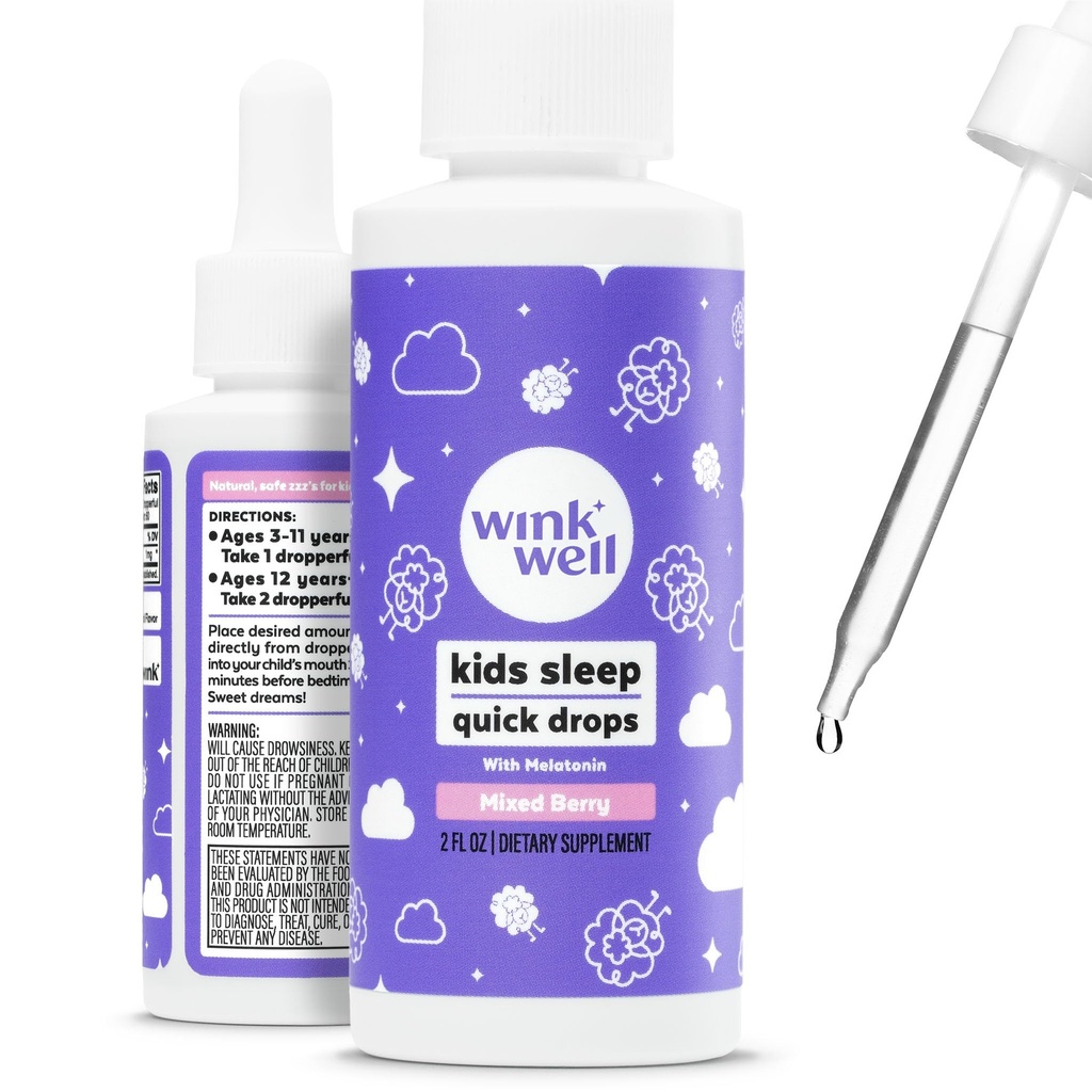 Wink Well Kids Liquid Melatonine Drops- Natuurlijke baby slaapdruppels voor peuter slaaphulp met 1mg Per Serving-Non-Addictive Children's Liquid Melatonine- 2 Oz