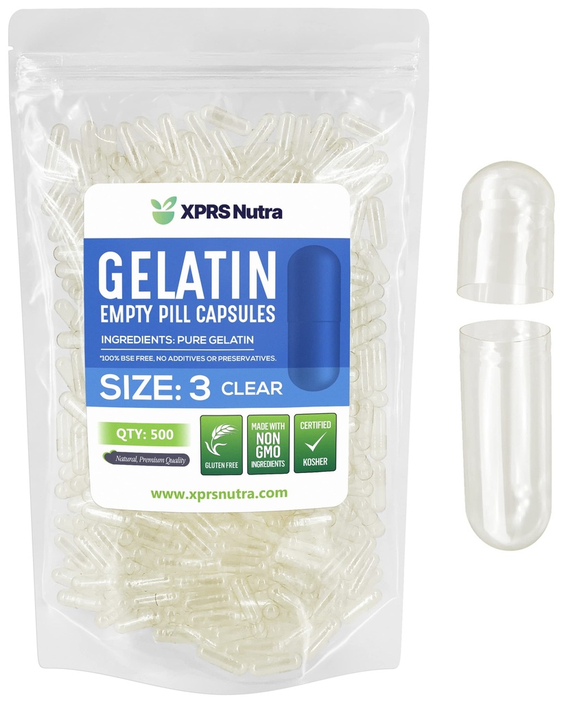XPRS Nutra Taille 3 Capsules vides - 500 Compter Effacer Capsules de gélatine vides - Pilules Bricolage Capsule Remplissage - Pure Pilule Gel Caps Remplissant pour Do-It-Youlf Vitamines et Suppléments