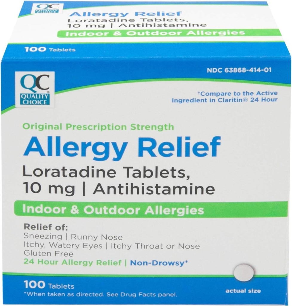 Kwaliteit keuze 24 uur Allergie Geneeskunde, Niet-Drowsy Relief voor binnen en buiten Allergieën, Loratadine 10 mg Antihistamine, voor Relief of Sneezing, Runny Nose, Itchy & Watery Eyes, 100 Tel.
