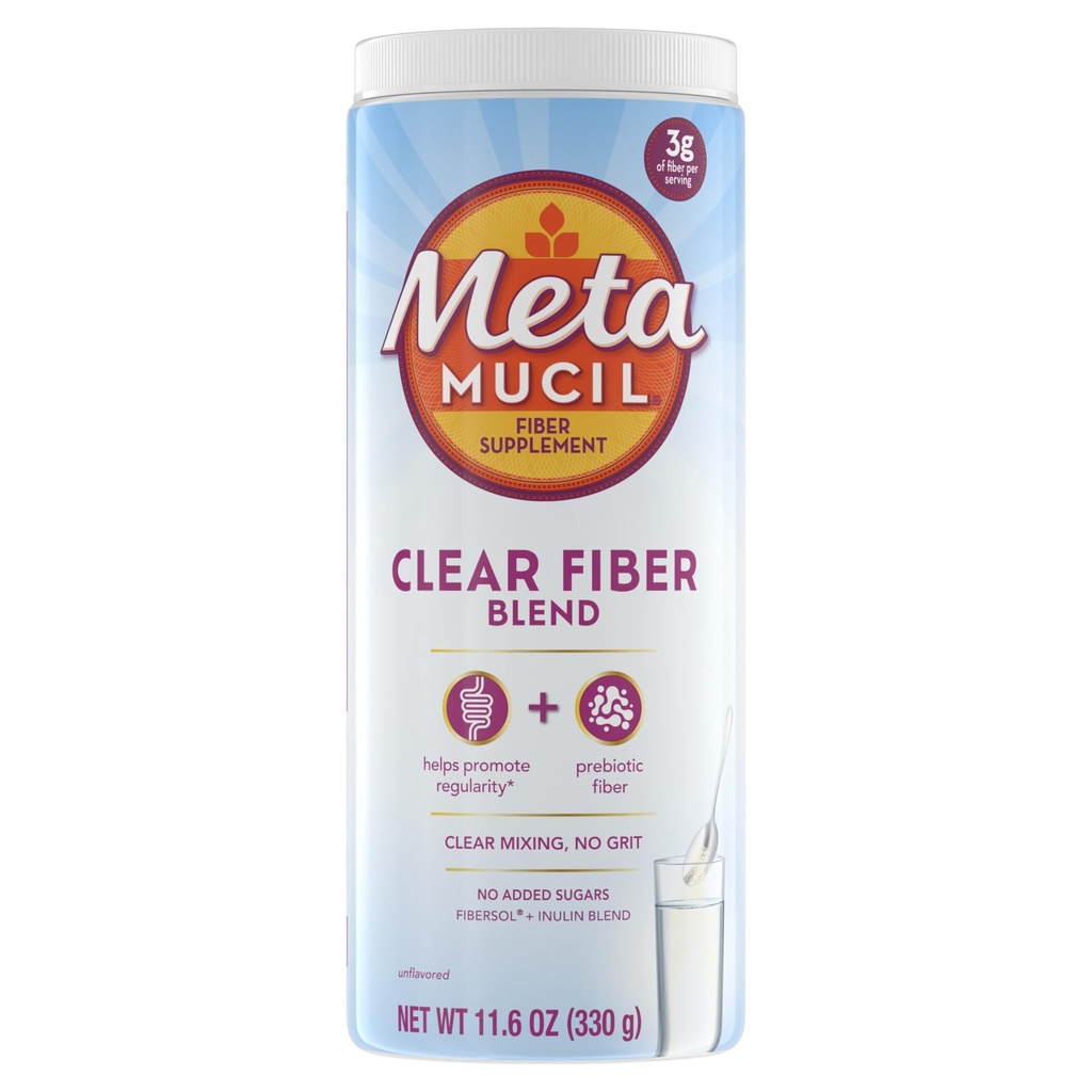 Metamucil Fiber Supplement, Unflavored Clear Mixing Powder, No Grit, No Sugar Added, Plant Based Prebiotic Fiber Supplement Blend for Daily Digestive Health, 75 theelepels