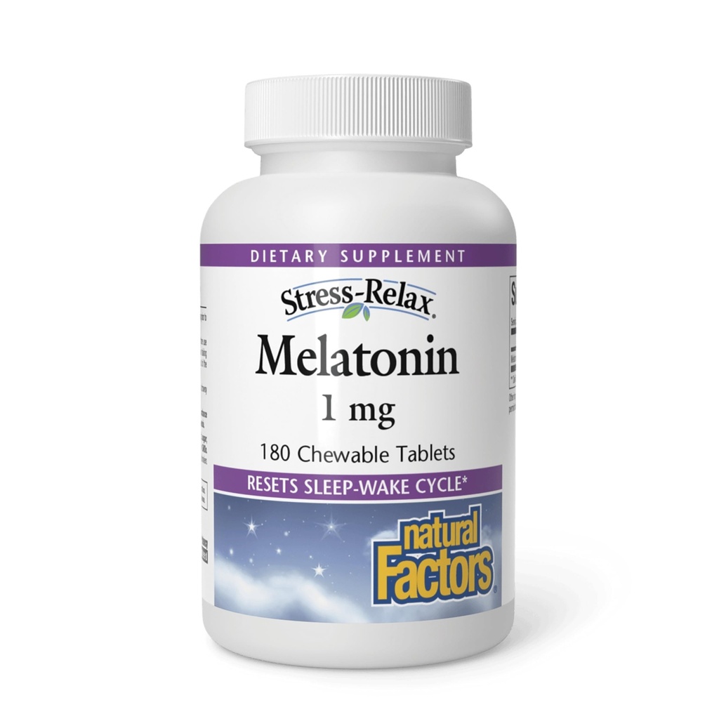 Stress-Relax Melatonine 1 mg by Natural Factors, Natural Sleep Aid, Resets the Sleep-Wake Cycle, 180 kauwtabletten (180 porties), Pepermunt smaak