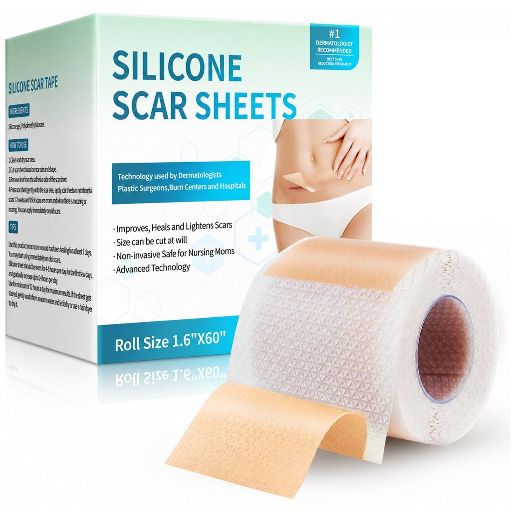 Feuilles de cicatrices en silicone, rubans de cicatrices en silicone (1,6 χ 60 , rouleau 1,5 M), bandes de cicatrices en silicone, feuilles de suppression de cicatrices professionnelles pour cicatrices chirurgicales, kéloïde, C-Section, Burn et