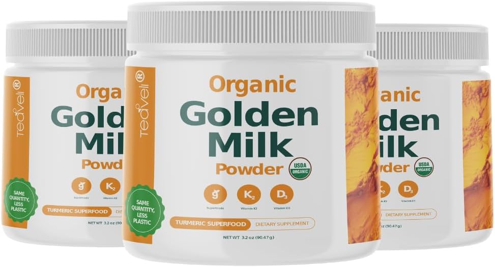 Poudre de lait d'or biologique avec vitamines D3 & K2, curcuma, gingembre, Curcumine, cannelle, KSM66 Ashwagandha, Saint Basilic et prébiotiques naturels – Delicious Unsweetened Turmeric Tea Latte - 3 Pack