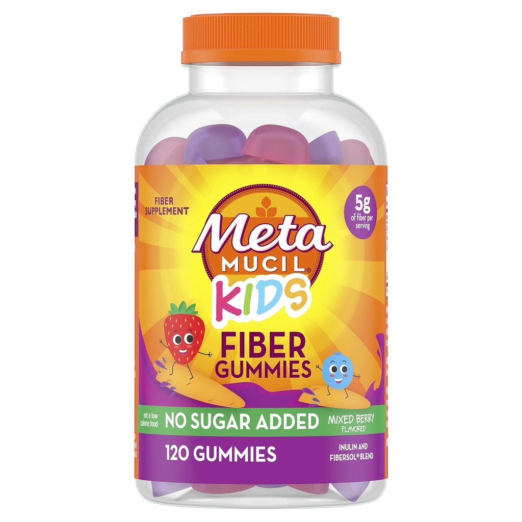 Metamucil Kids Fiber Gummies, Geen suiker toegevoegd, 5g Prebiotic Plant Based Fiber Supplement Blend, gemengde Berry Flavored, 120ct Gummies