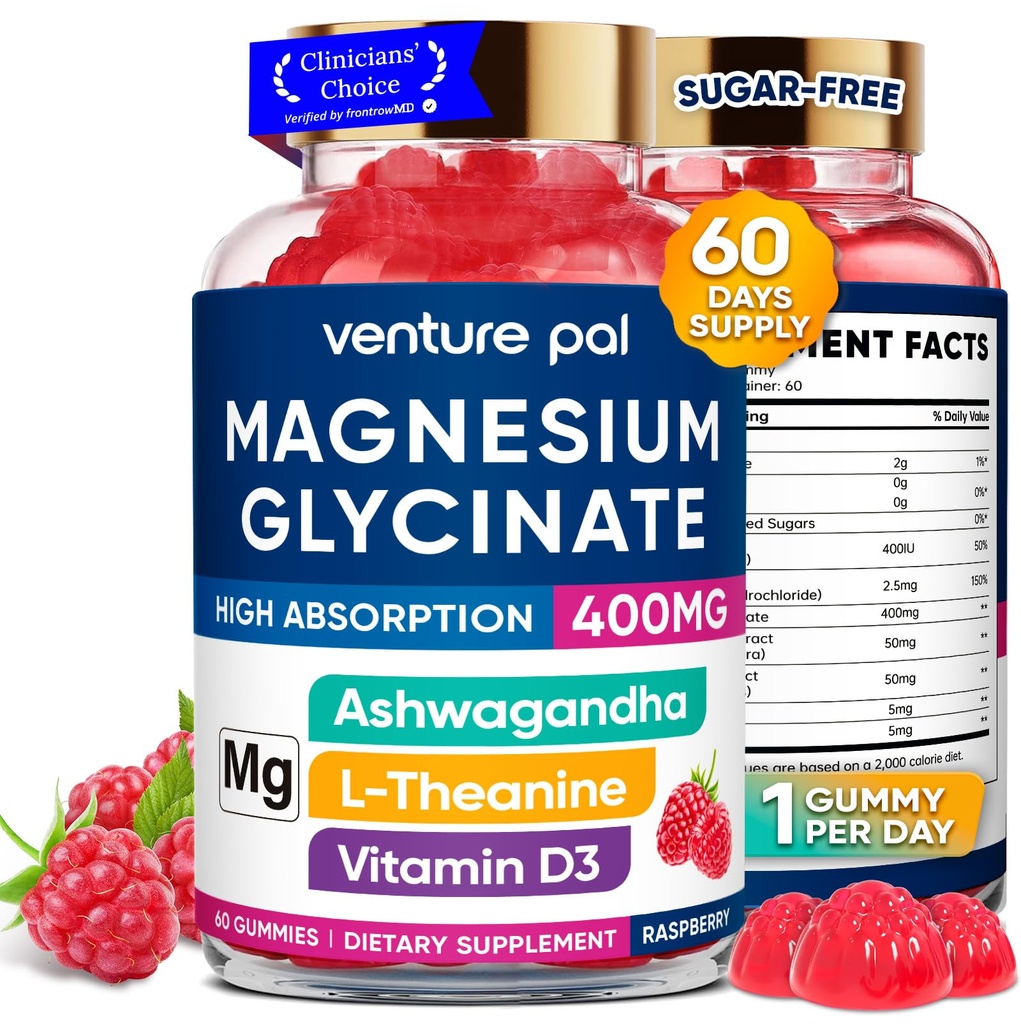 Levering van 60 dagen Magnesium Glycineer 400 mg Gummies met Ashwagandha, L-Theanine, CoQ10, Vitamine D3 & B6, Suikervrije Magnesium Gummies voor volwassenen en kinderen, Stress Relief, Slaap & Kalm, Veganistisch, Glutenvrij