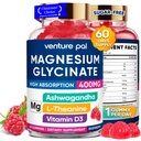 60 jours d'approvisionnement Magnésium Glycinat 400mg Gommies avec Ashwagandha, L-Theanine, CoQ10, Vitamine D3 & B6, sans sucre Gommies de magnésium pour adultes et enfants, soulagement du stress, sommeil et calme, végétalien, sans gluten