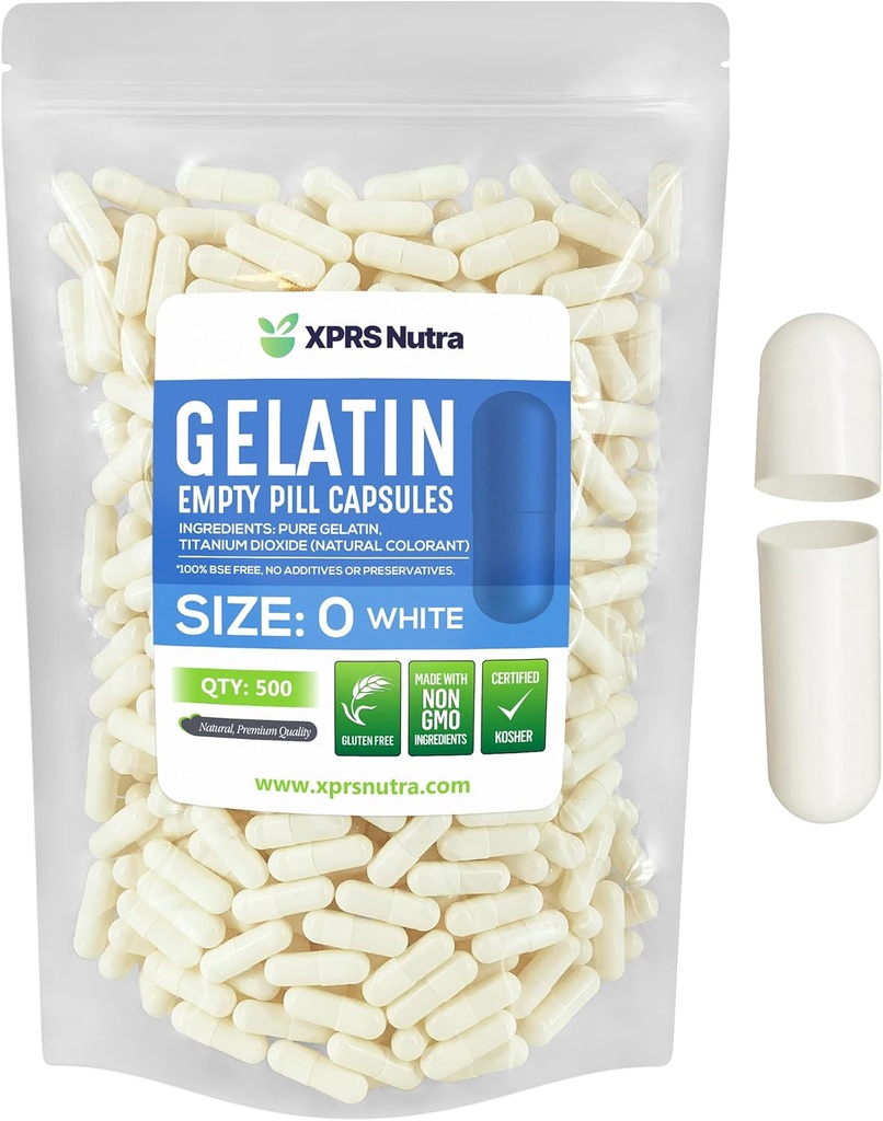XPRS Nutra Taille 0 Capsules vides - 500 Compte Capsules de gélatine vides - Pills Bricolage Capsule Remplissage - Pure Pilule Gel Caps pour Do-It-Youlf Suppléments (Blanc)