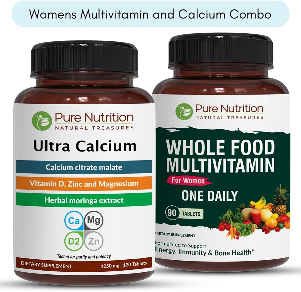 Pure Nutrition Ultra Calcium 1000mg en Whole Foods Womens Multivitamines 1500mg voor gezonde botten, gewrichten en algemene welzijn. Ultra Calcium 120 Tabs + Vrouwen Multivitaminen 90 Tabs.