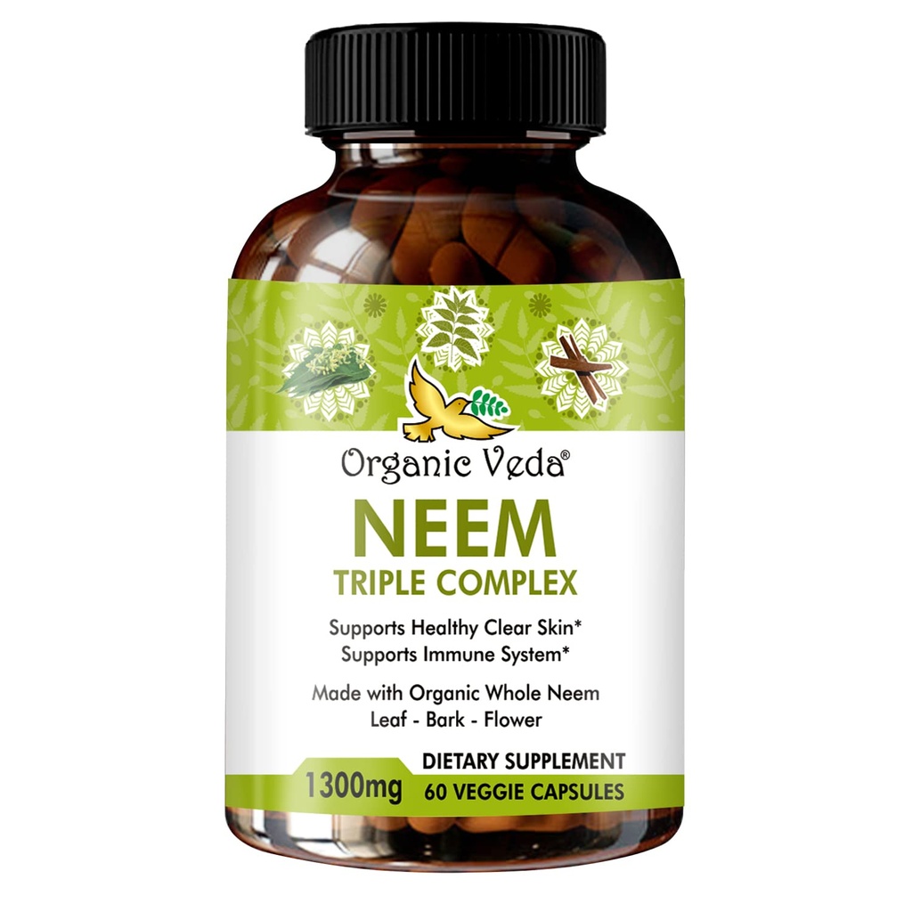 Capsules de Neem Veda Bio avec Extrait de Feuille de Neem triple complexe, Bark & Flower - supplément à base de plantes stimule l'immunité, améliore la digestion, la santé de la peau et le nettoyage du soutien - 60 Compte