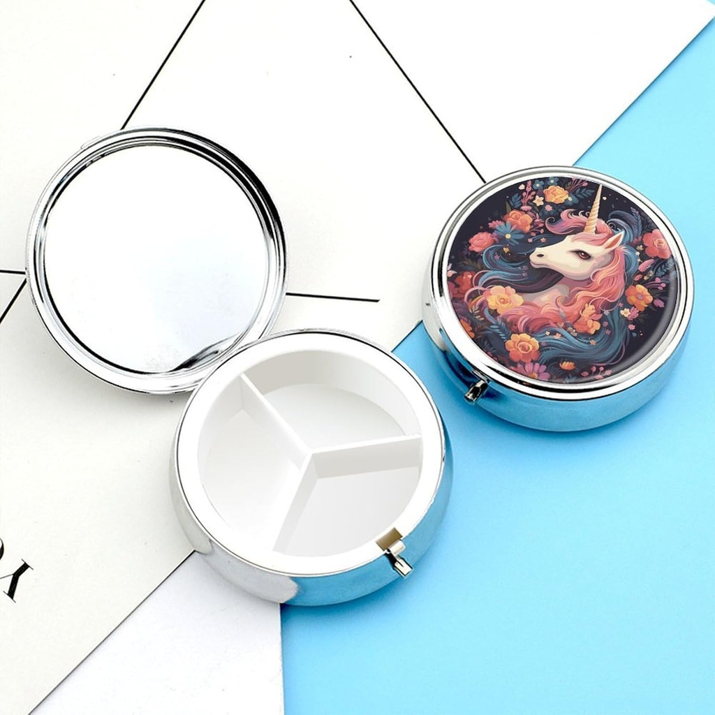 Pill Box Cartoon Horse with Flowers Pill Case 3 Compartiment Pill Organizer Portable Round Pill Pillbox Medicine Organizer Pill Container Holder to Hold Vitamines Medicament Fish Oil and Supplements