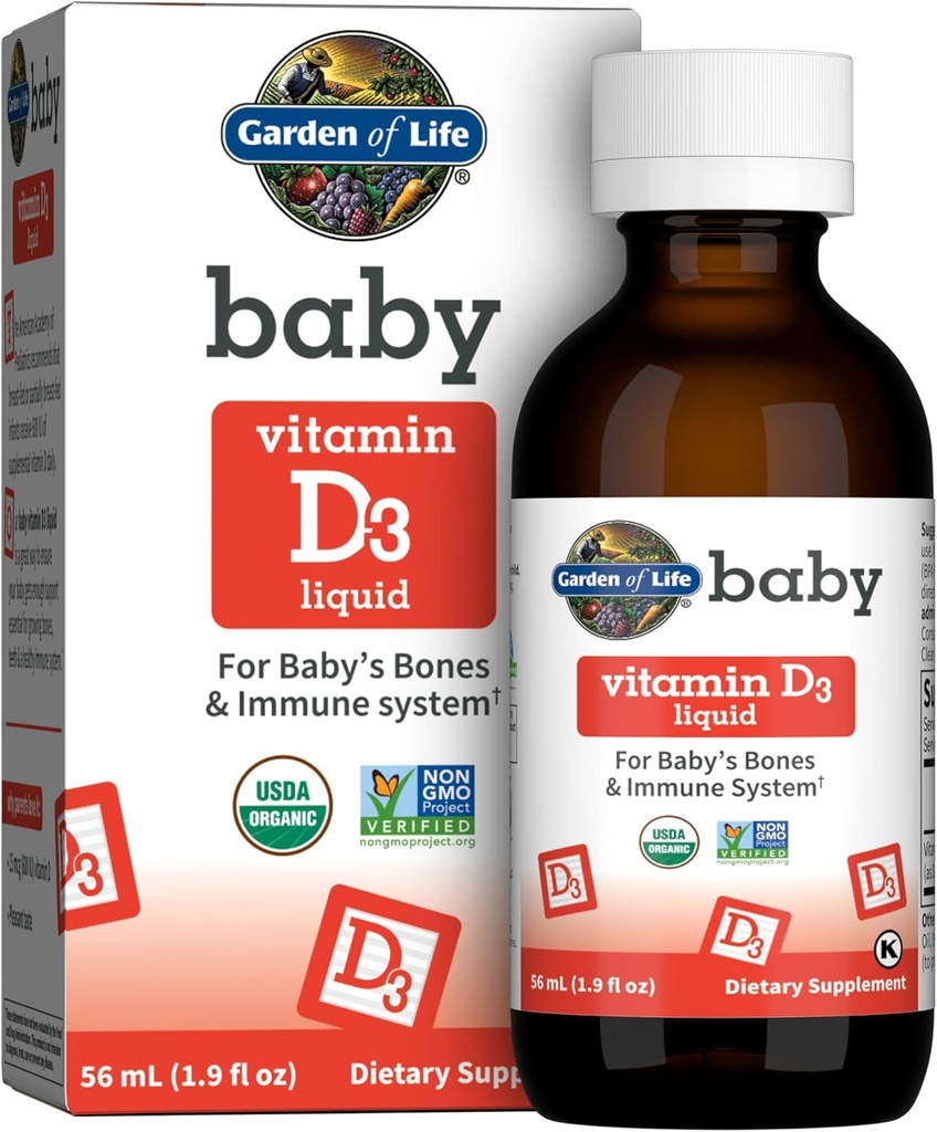 Tuin van het leven Baby Vitamine D3 Liquid, 600 IE (15 mcg) Organic Liquid Vitamin D for Babys & Peugeots, Support for Baby's Bones & Immune System, Gluten Free & Non-GMO, 56 ml (1,9 fl oz) Liquid