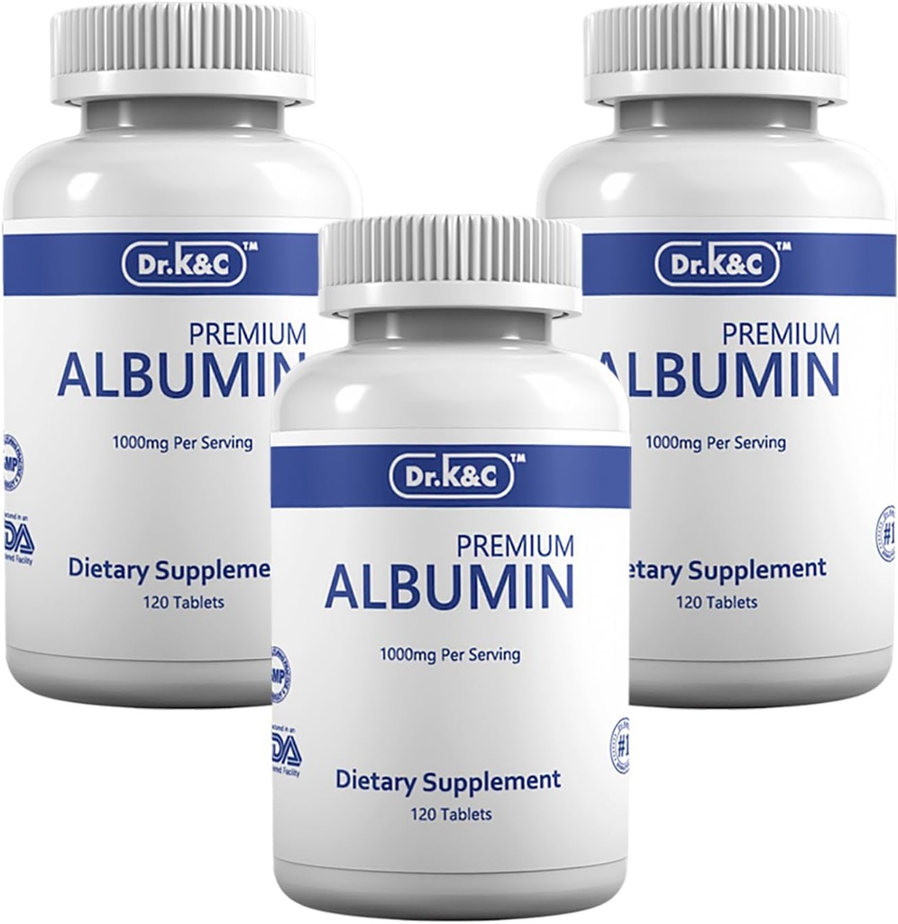 Dr K&C Supplément à l'albumine de protéines Premium – Extra Strength 1000 mg 360 comprimés Foie rénal sain Promouvoir le bien-être général Soutien énergétique Équilibre de vie 3pk