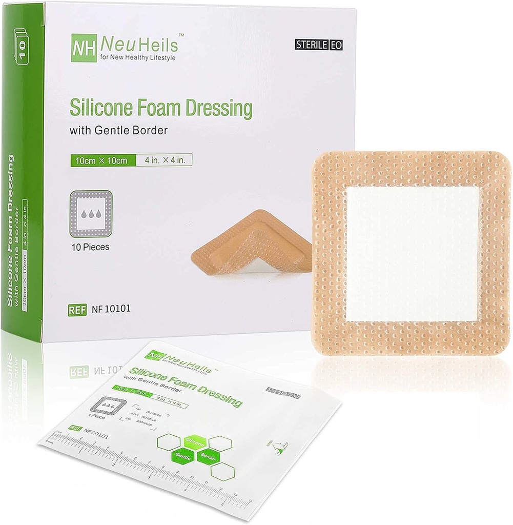 NeuHeils Siliconenlijm Foam Dressing with Gentle Border 4''x4' for Bed Sore Leg Ulcer 10 Pack, High Absorbency Waterproof Siliconen Wound Bandage