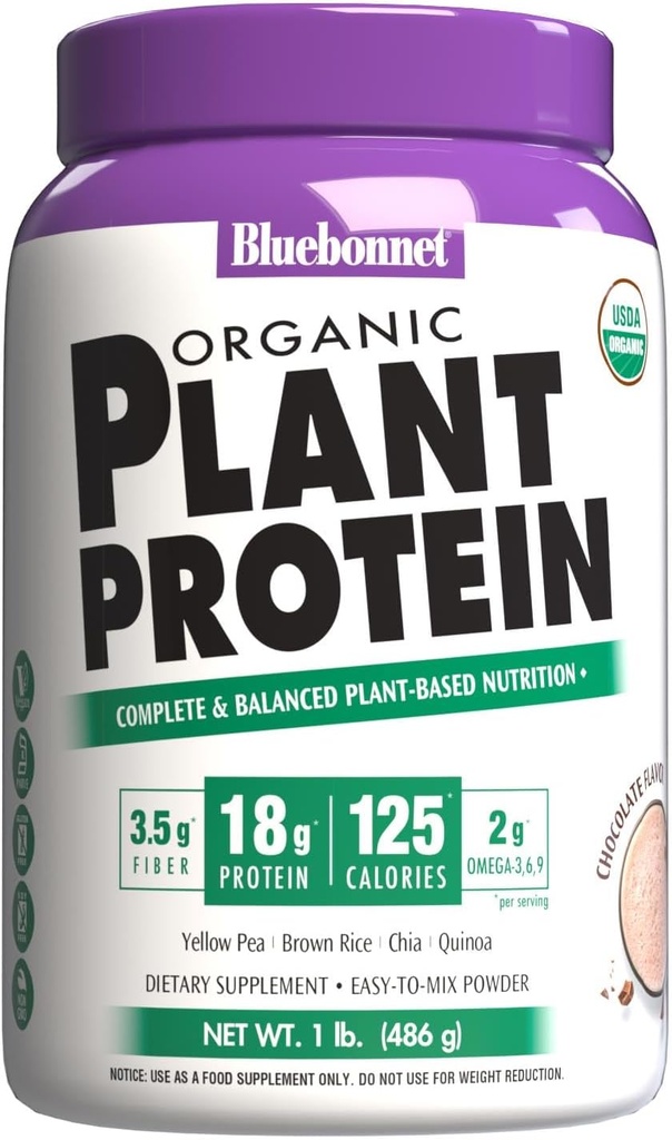 Bluebonnet Nutrition Protéines végétales organiques - 18g Protéines, 3,5g Fibre – Chia, Quinoa et plus - Non-OGM, Vegan, Kosher, USDA Organique, Pas de sucre ajouté – Sans gluten, soja et lait - 1 LB, saveur de chocolat