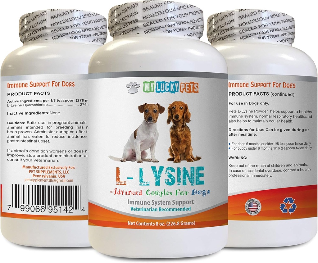 Immuunsysteem Hondenvoeding - Honden LYSINE poeder - Pure poedervorm - Immuunsysteemondersteuning - Vet Aanbevolen - lysine dubbele sterkte - 1 fles (8oz 226,8 gram)