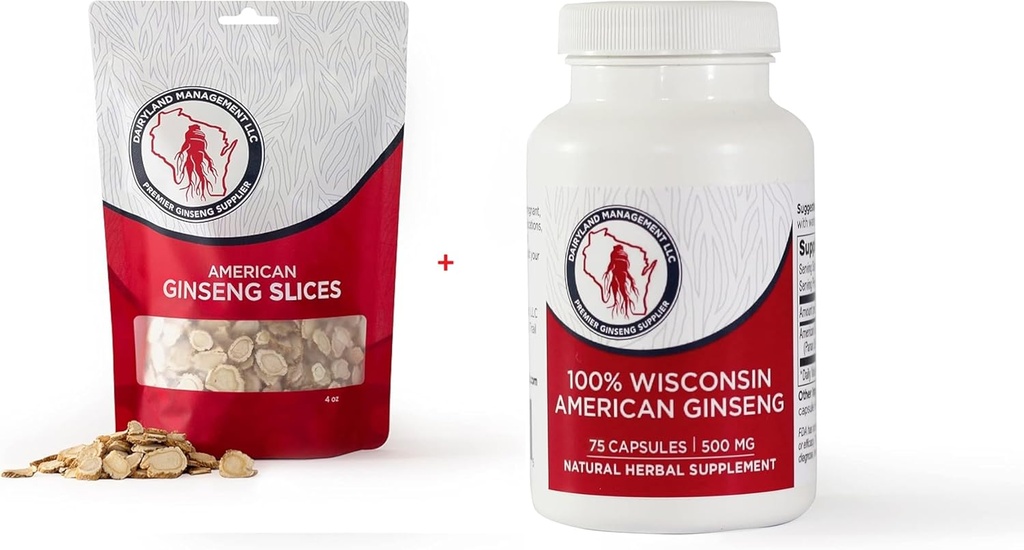 Dairyland American Ginseng Slices 4 oz and Capsules 75 ct Pack of Wisconsin Ginseng 