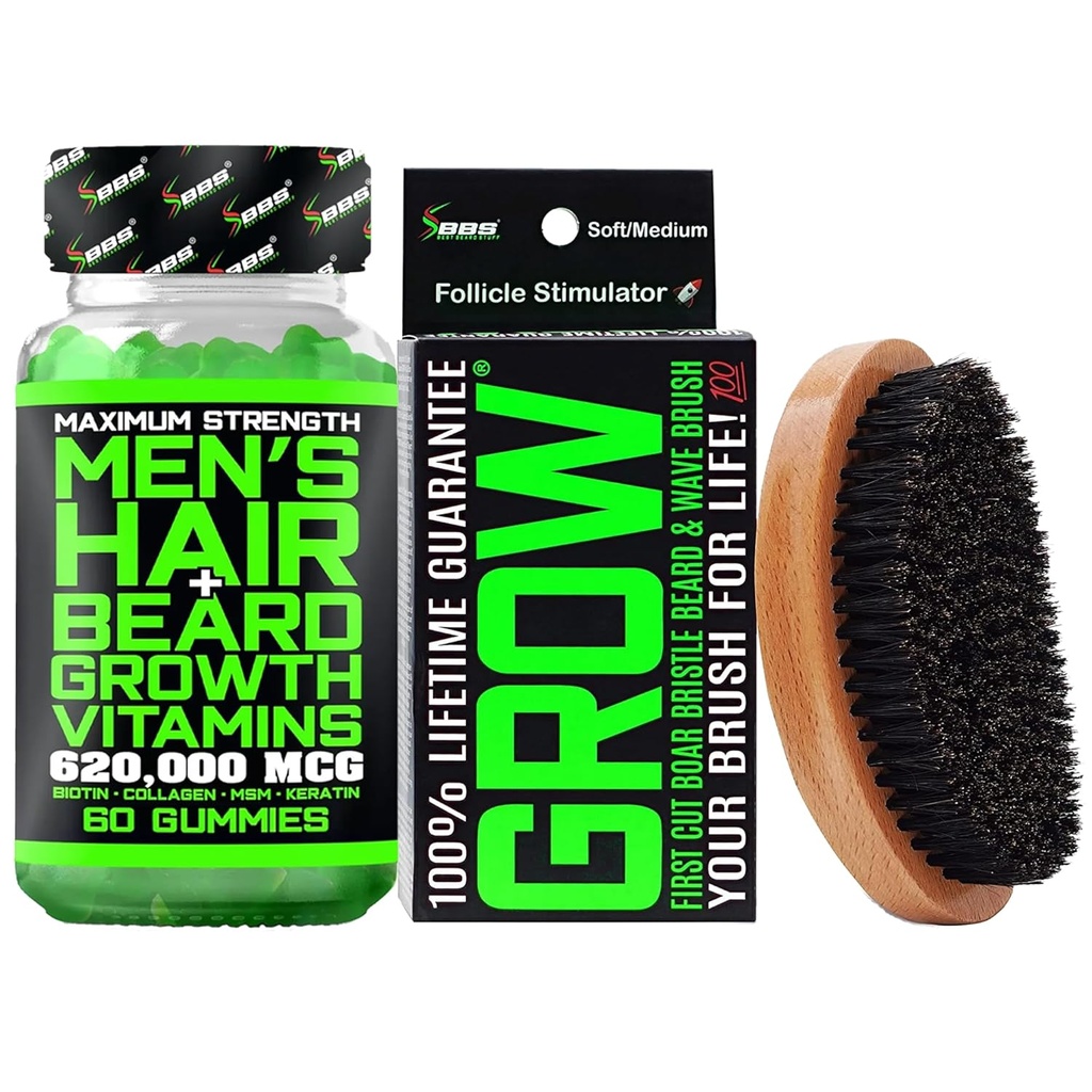 Baardgroei Kit w/ 620,000mcg 14-in-1 BIOTIN Gummies/Baardgroei Vitaminen & Hair Growth Vitaminen voor mannen + 100% Lifetime Vervanging First Cut Boar Bristle Brush & 360 Wave Brush voor mannen
