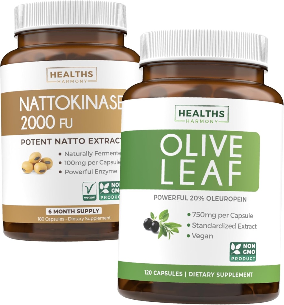 Nattokinase & Olive Leaf (6-maandvoorraad) Flow & Wellness Mix - Nattokinase 2000 FU Krachtige natuurlijk gefermenteerde soja (6-maandvoorraad) en Olive Leaf Extract Super Sterkte met 20% Oleuropein