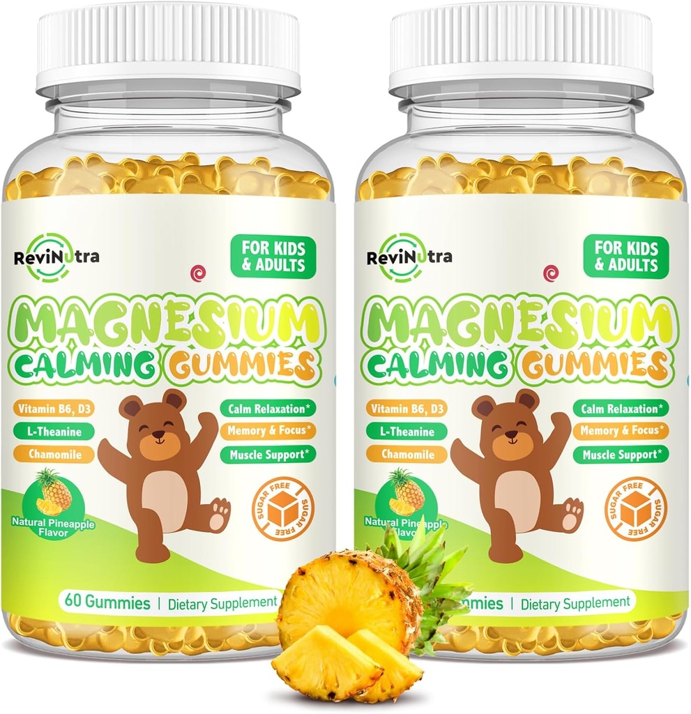 Magnesium Gummies voor kinderen - Magnesium Glycinate Gummies Supplement met L-Theanine, Vitamine B6, D3 voor volwassenen & kinderen, Kalmeer Magnesium voor slaap, ontspannen, hersenen, botten, sugar gratis Ananas 120ct