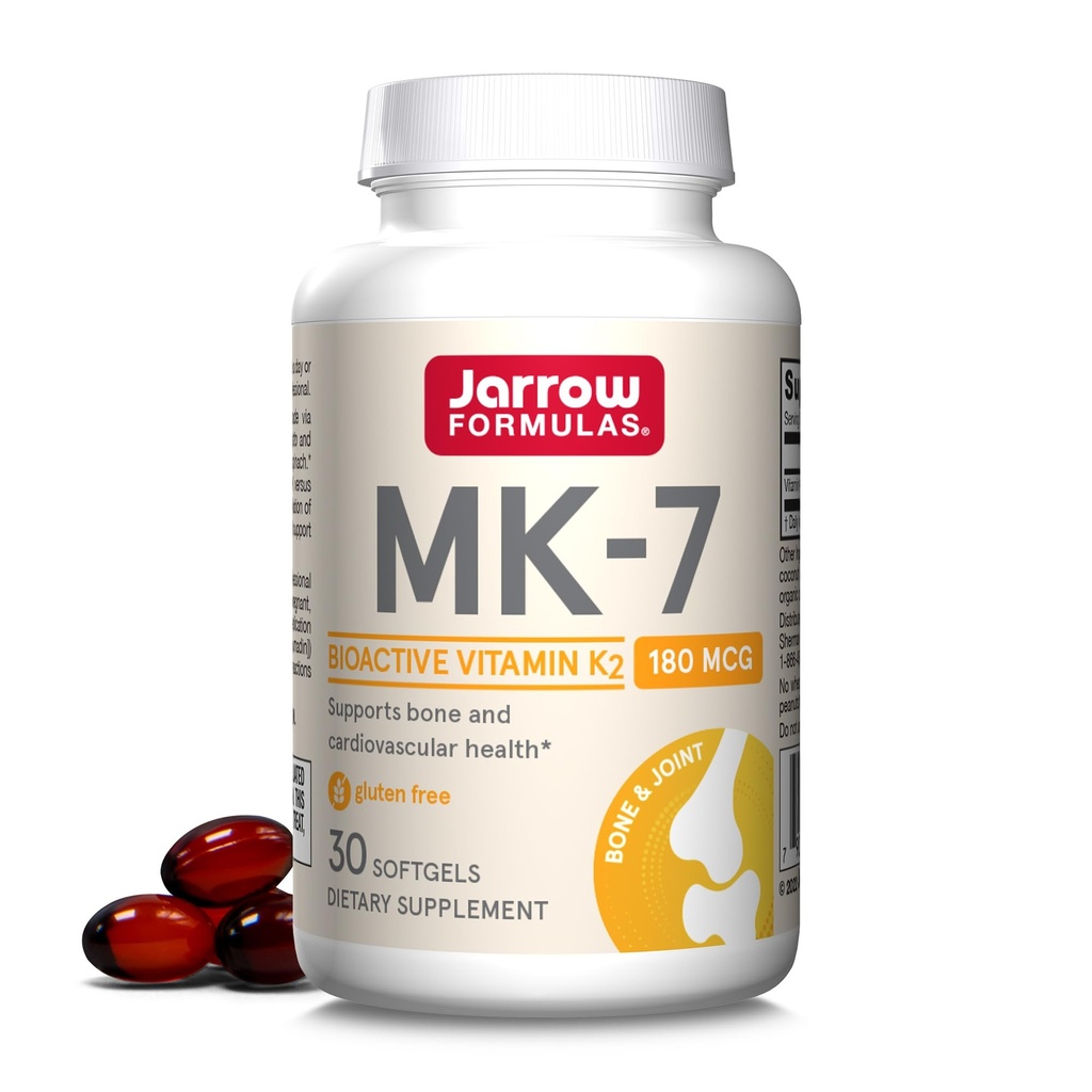 Formules de Jarrow MK-7 180 mcg - 30 Softgels - Produit de vitamine K supérieure pour construire des os forts - Soutient la santé cardiovasculaire et cardiaque - 30 portions