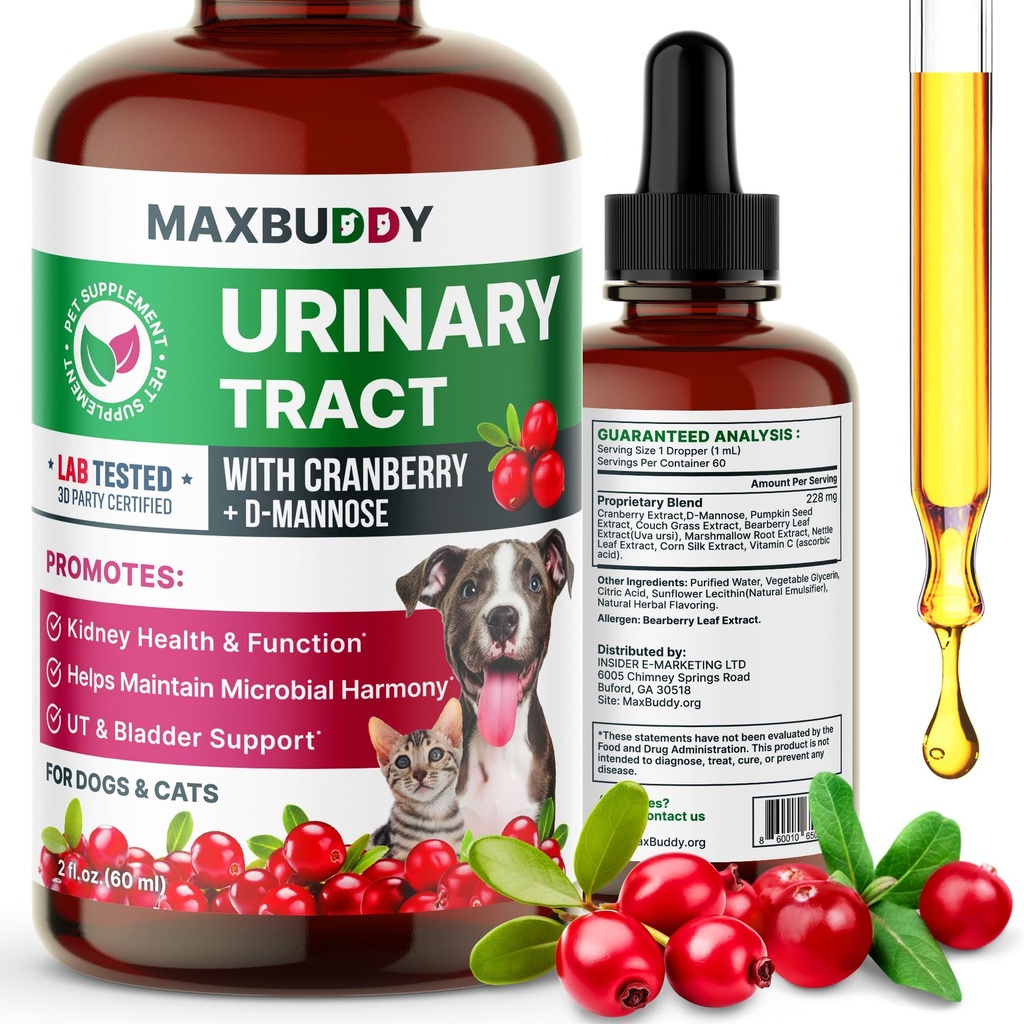 MaxBuddy Natural UTI Treatment Support - Cranberry Urinary Tract Infection Care & Prevention Assistance for Cats and Dogs - Bladder Wellness Supplement Drops - Ondersteuning voor urinestroom