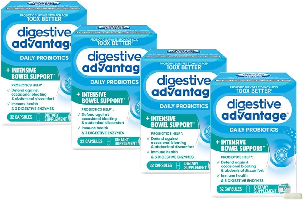 Digestief Voordeel Intensieve Bowel Support Probiotic Defends against Gas & Bloating, 32 Count Capsules (4 Pack)