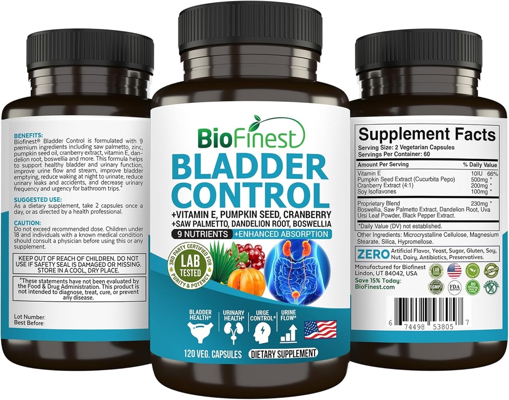 BioFinest Bladder Control Supplement voor mannen en vrouwen - 120 Veg. Capsules - Saw Palmetto, Cranberry, Pompoenzaad, Vitamine E, Boswellia, Dandelion Root - Urinaire Tract Bladder Health - Made in USA