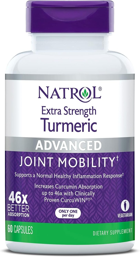 Natrol Extra sterkte Kurkuma, Dieetsupplement voor Joint Health, Kurkuma supplement voor volwassenen, 60 capsules, Tot een 60 dagen levering