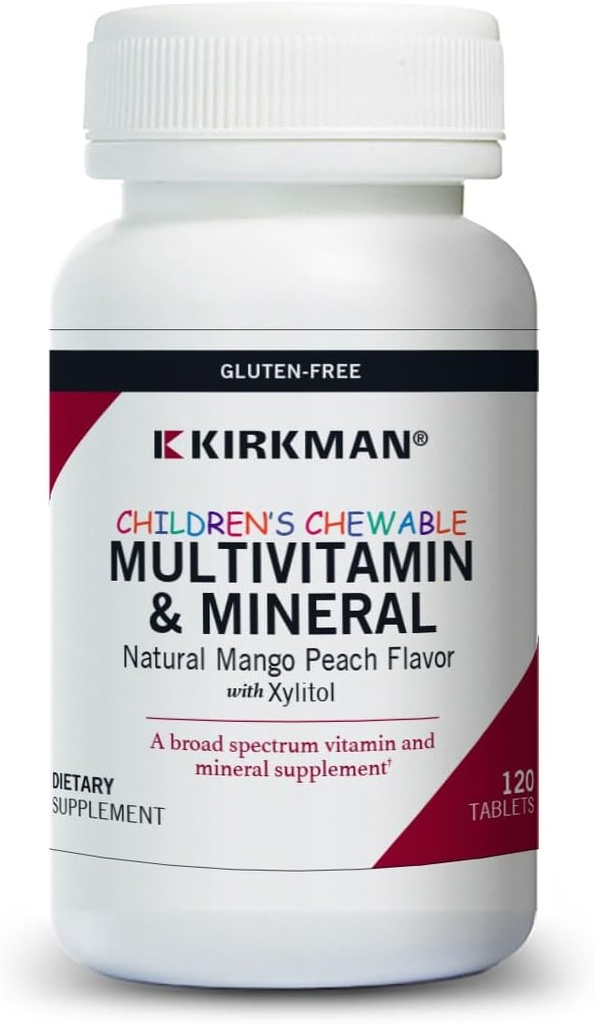 Kirkman - Multivitamines et minéraux à croquer pour les enfants - 120 comprimés - Potent Broad-Spectrum Vitamine / Mineral Supplement - avec Xylitol - Mango Peach Flavor naturel