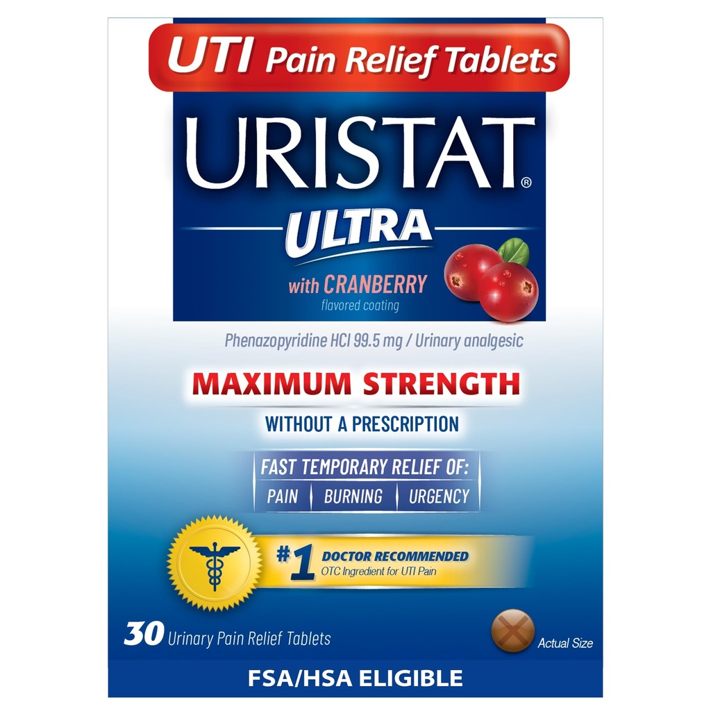 Uristat Ultra UTI pijn verlichting tabletten, snelle urinetrek infectie verlichting van urinepijn, branderig, Urgent, Maximale sterkte, Cranberry Flavored Coating, 30 tabletten