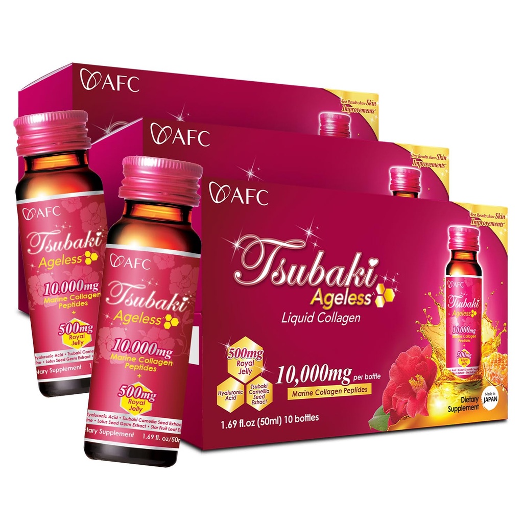 AFC Japan Tsubaki Ageless Beauty Collageen Drink uit Japan met 10.000 mg Marine Collageen Peptides + 500 mg Royal Jelly + Hyaluronic Acid + Vitamine Bs & C voor huidrevitalisatie 1.69fl.ozx10sx3