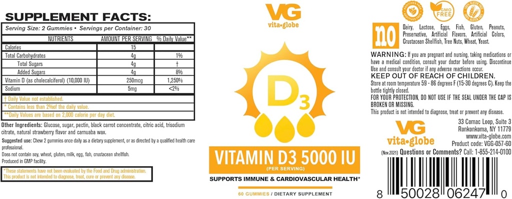 VITA GLOBE Vitamine D3 10.000IU 250mcg met zink en Echinacea Gummy - Ondersteunt gezonde immuunsysteem, sterke botten, tanden en spieren, 120 Tellen (pakket van 2)