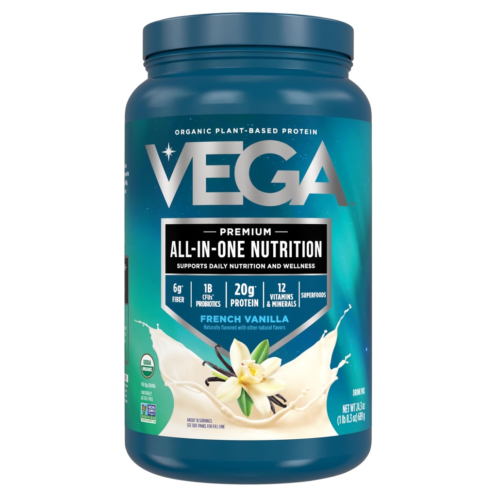 Vega Organic All-in-One Vegan Protein Powder, French Vanilla - Superfood Ingrediënten, Vitaminen voor Immunity Support, Keto Friendly, Pea Protein for Women & Men, 1.5 lbs (Pack of 1)