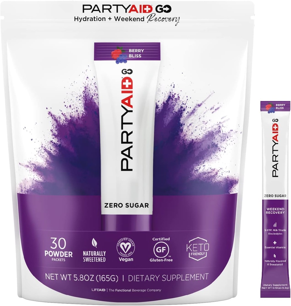 PARTYAID GO Voel je goed vanavond en morgen, Zero Sugar, 5-HTP, B-complex, Melkdistel, Elektrolyten, Geen kunstmatige smaken of zoetstoffen, Cafeïne-vrij, 30 Tellen (pakket van 1)