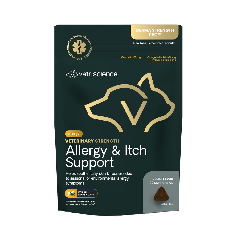 VetriScience Veterinary Strength Allergie & Itch Support Kauwen - Seizoengebonden Allergie Support Supplement voor Huisdieren - Pet Skin Sensitiviteit Ondersteuning - Katten en honden - Duck Flavor - 60 Kauwen