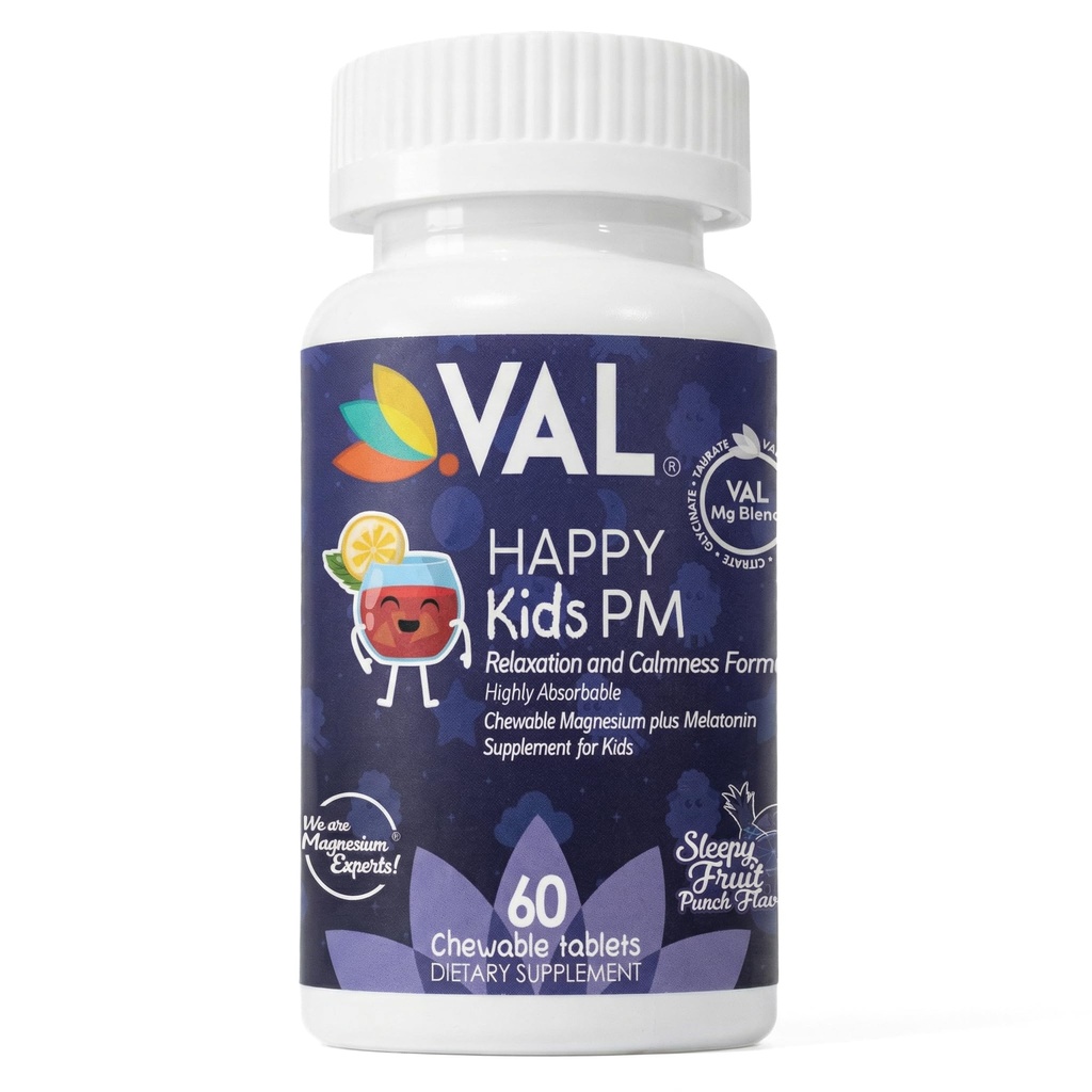 VAL Happy Kids PM – Magnésium à mâcher sans sucre avec mélatonine (en anglais seulement) Soutien au sommeil pour les enfants (en anglais seulement) Magnésium Glycinate + Citrate + Taurate (en anglais seulement)