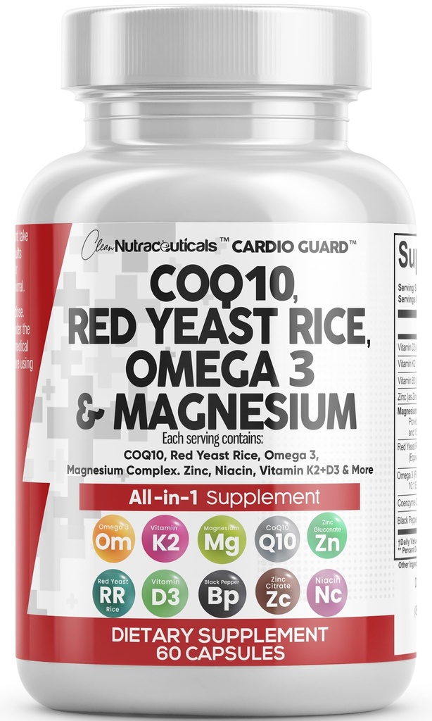 Clean Nutraceuticals COQ10 200mg Red Yeast Rice Omega 3 Magnesium Complex 500mg Niacin Zink Vitamine K2 D3 - Heart Support Vitaminen voor vrouwen & mannen w/Vitamine B3, Coenzyme Q10-60 Ct