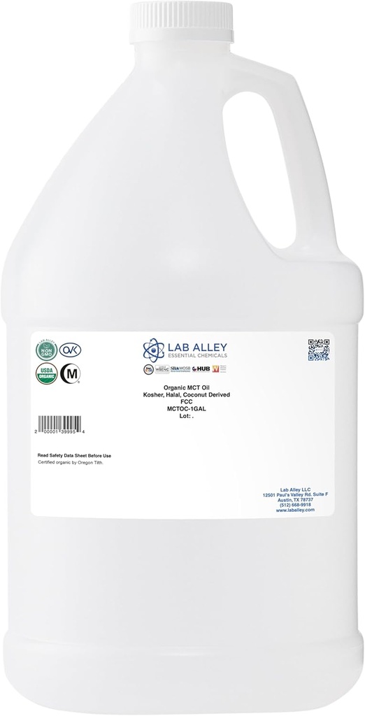 Lab Alley MCT Olie, USDA Biologische Kokosnoot, Kosjer Gecertificeerd, Halal, Niet-GMO - 1 Gallon