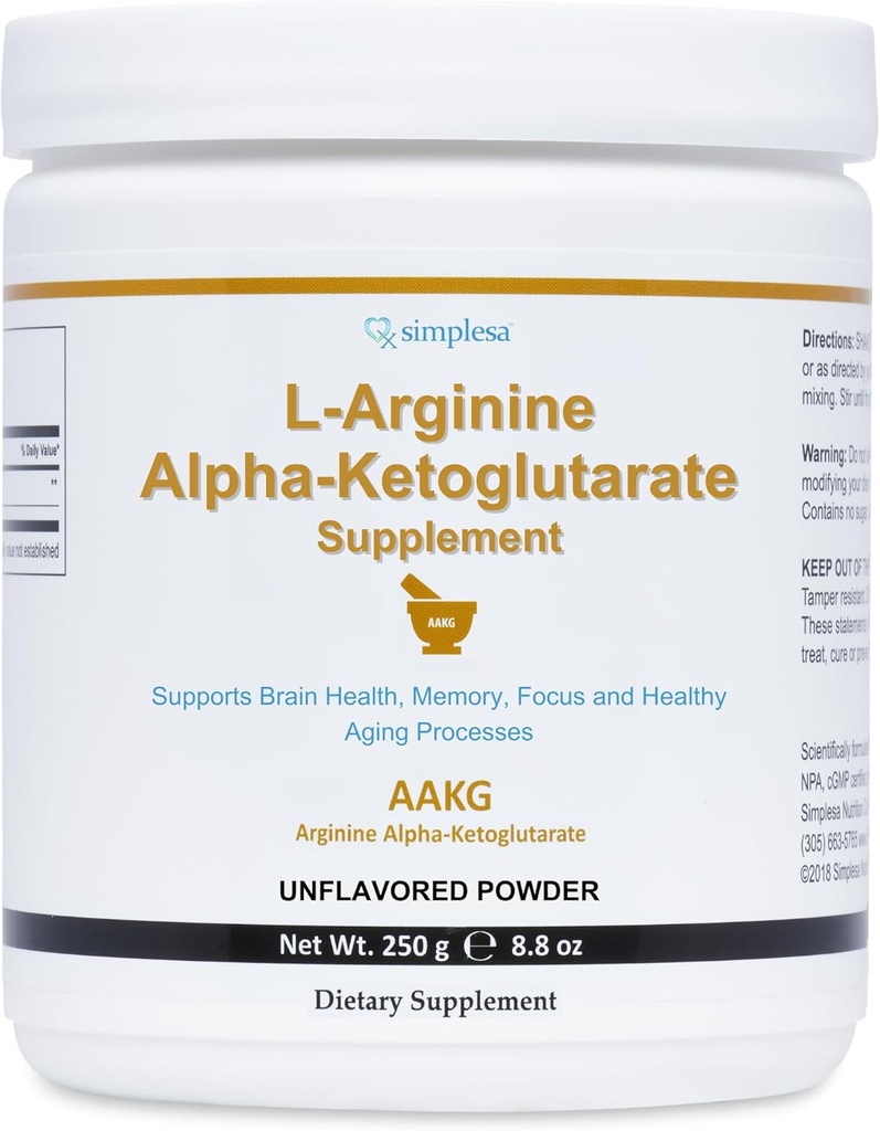 Simplesa AAKG Arginine Poeder, L-Arginine Alpha-Ketoglutaraat Supplement, 2000mg per portie, Ondersteunt Hersengezondheid, Geheugen, Focus en gezonde verouderingsprocessen, 250g poedersupplement