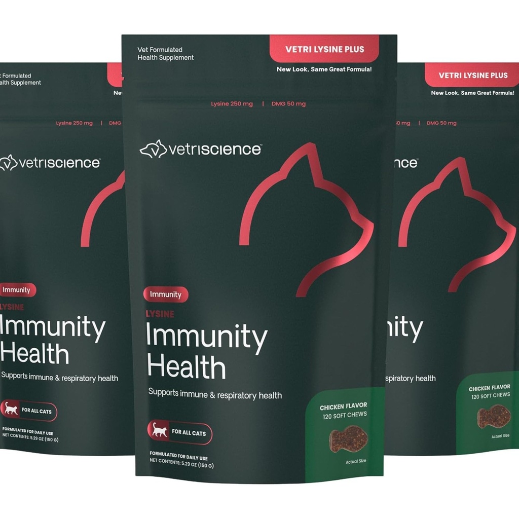 VetriScience Lysine Immunity Health Chews, 250 mg Lysine Plus Immuun Supplement voor Katten en Kittens met Allergieën, niezen, Runny Neus en Waterige Ogen, Kip, 3 Pack