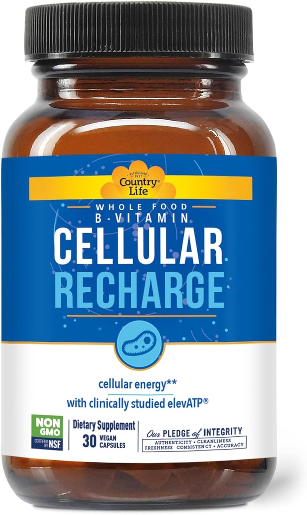 Country Life Cellular Recharge B-Vitamine, Whole Food Methylated B-Complex + elevATP for Cellular Energy, Detox & Cardio Support, 30 Vegan Capsules, Certified Gluten-Free, Vegan, Kosher