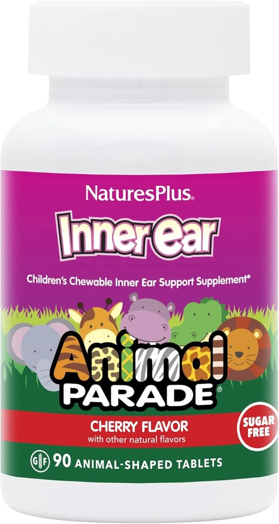 Natures Plus Animal Parade Innerlijke Oorondersteuning Kinderen Kauwen - Natuurlijke kersensmaak - 90 Animal-Shaped Tablets - Probiotic Supplement - Glutenvrij - 45 Servers
