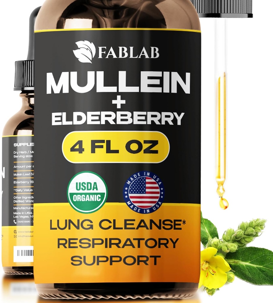 FabLab Mullein Leaf Extract met Vlierbes 4 Fl Oz - Made in USA - Drops for Better Lung - Mullein Tinctuur voor Lung Detox - Bronchial Cleanse voor Rokers - Respiratory Herbal Supplement