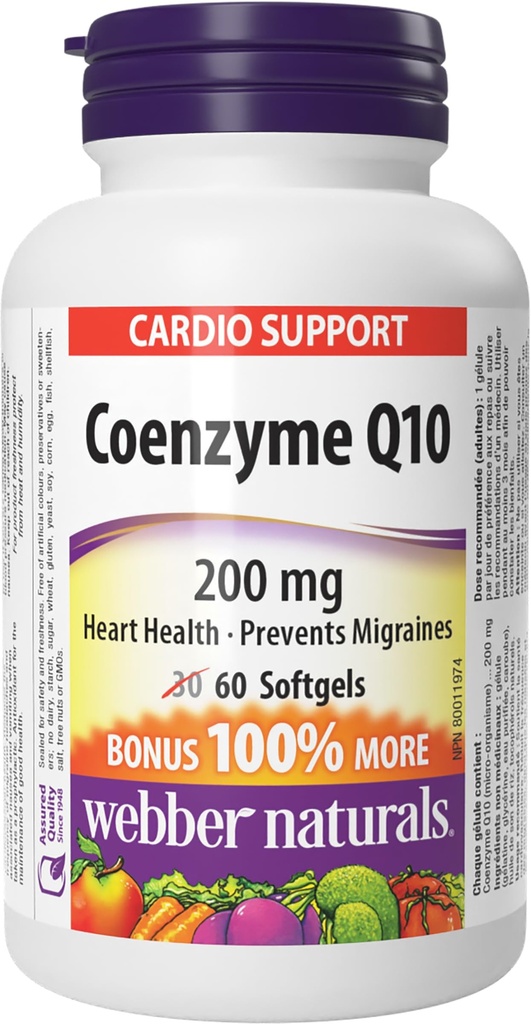 Webber Naturals Coenzyme Q10 (CoQ10) 200 mg, 60 Softgels, High Potency Antioxidant Supplement, voor de gezondheid van het hart en de cellulaire energieproductie, 60 dagen levering, Glutenvrij
